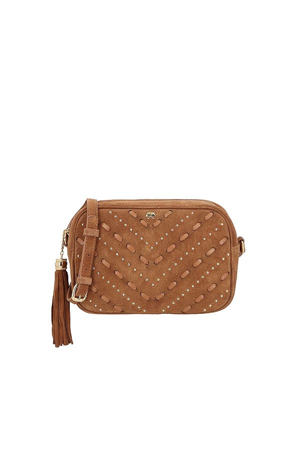 Bolsa Enfeite Tiras Camurça Rebite Ziper Alça Fivela Luiza Barcelos Camel