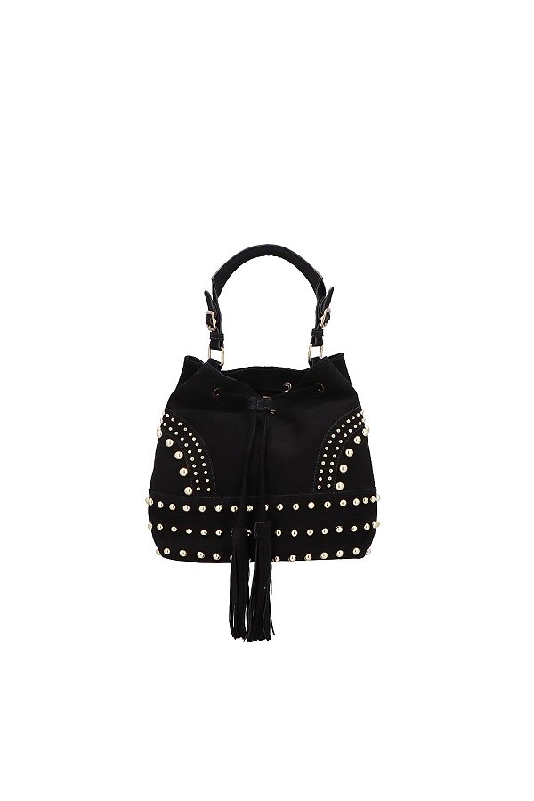 Bolsa Grande Camurça Rebite Alça Fivela Bucket Luiza Barcelos Preto