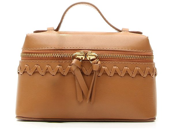 Bolsa Pequena Tiracolo Camel Tresse Alça Couro Ziper Vicenza Camel