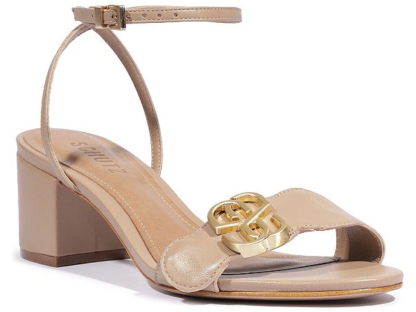 Sandalia Salto Médio Bloco Tira Fivela Logomania Schutz Nude