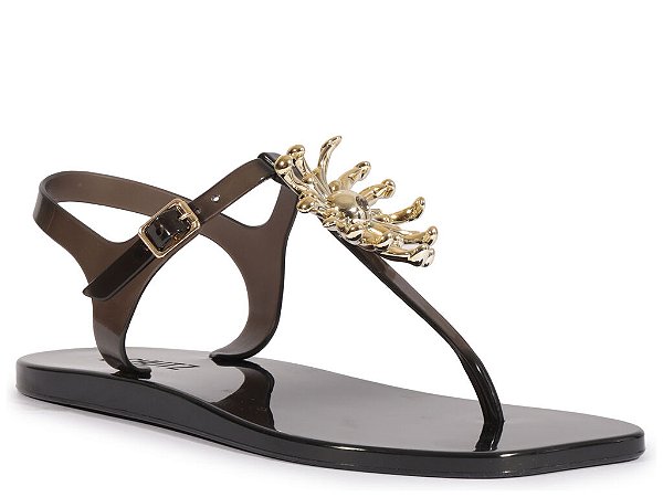 Rasteira Feminina Jelly Fivela Dedo Aplicação Flor Strass Schutz Preto