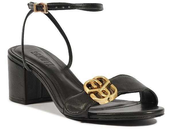 Sandalia Salto Médio Bloco Tira Fivela Logomania Schutz Preto