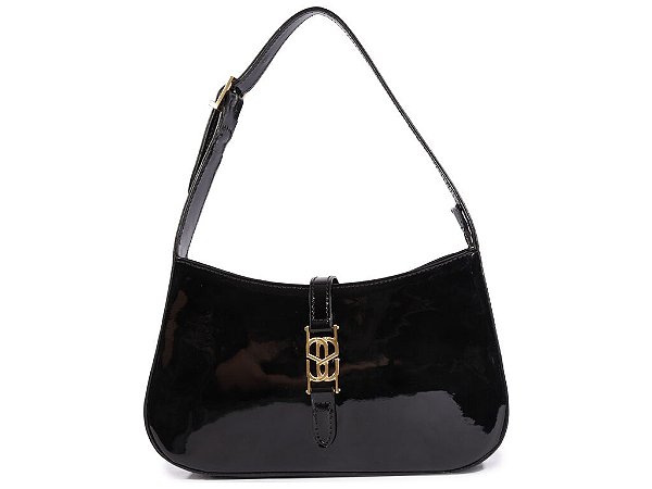 Bolsa Média Verniz Logomania Alça Fivela Ziper Hobo Schutz Preto