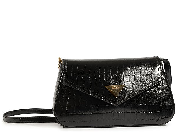 Bolsa Pequena Tiracolo Couro Croco Triangulo Dourado Schutz Preto