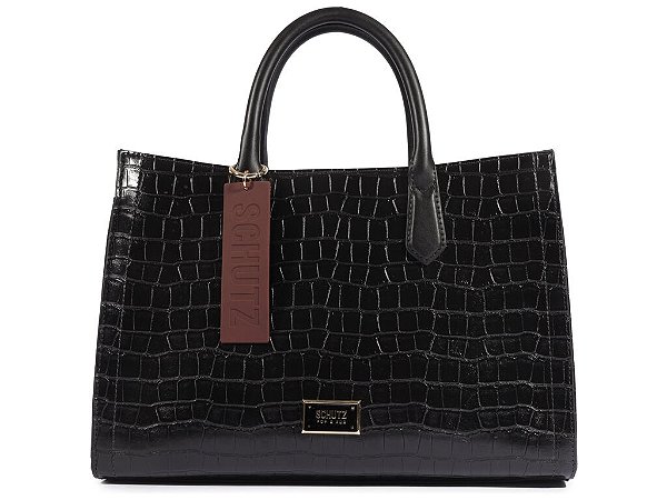 Bolsa Medio Tote Ziper Couro Croco Logo Tag Schutz Preto