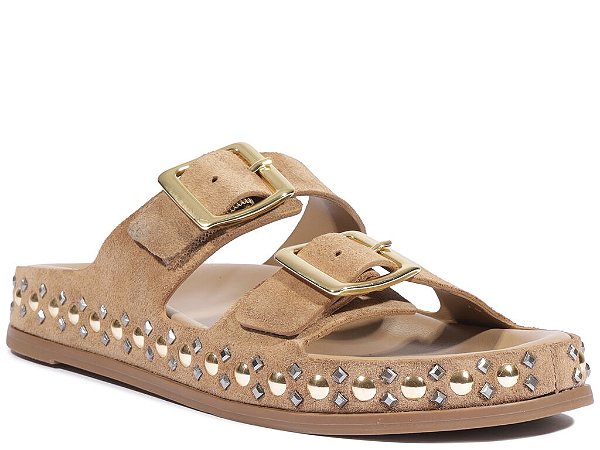 Papete Tiras Fivela Camurça Rebites Schutz Nude