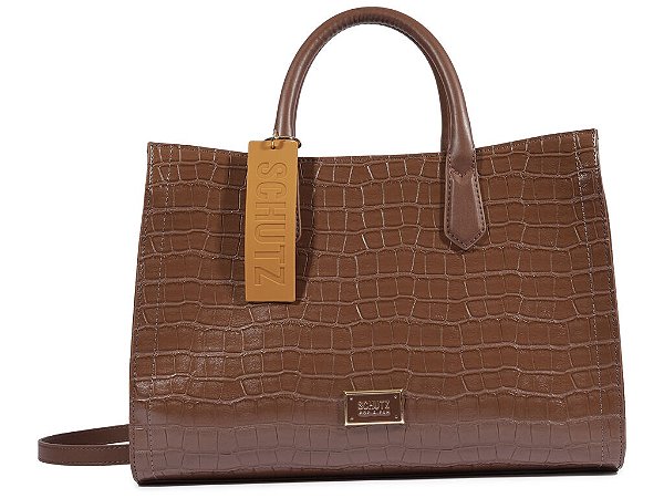Bolsa Medio Tote Ziper Couro Croco Logo Tag Schutz Camel