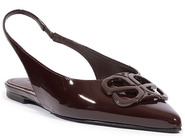 Sapatilha Rasteira Slingback Verniz Bico Fino Logomania Schutz Coffee