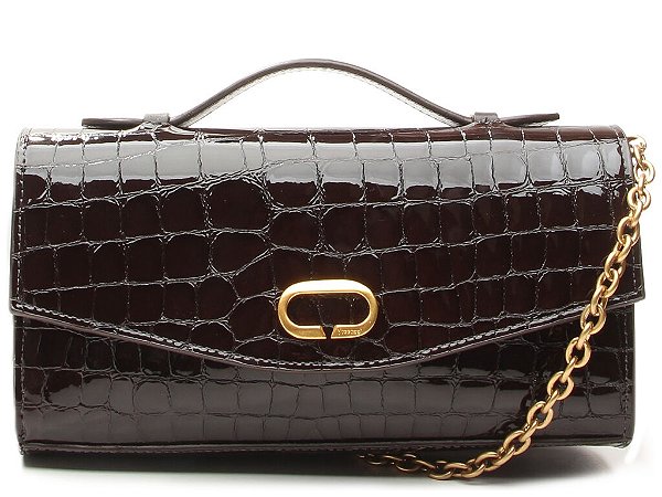 Bolsa Média Clutch Couro Croco Verniz Alça Corrente Vicenza Coffee