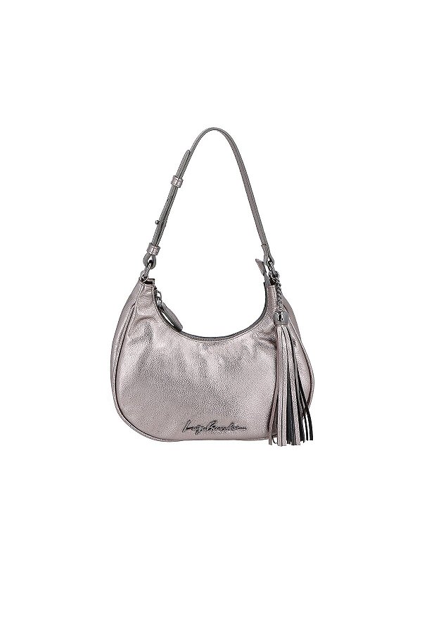 Bolsa Feminina Média Hobo Couro Logo Luiza Barcelos Chumbo