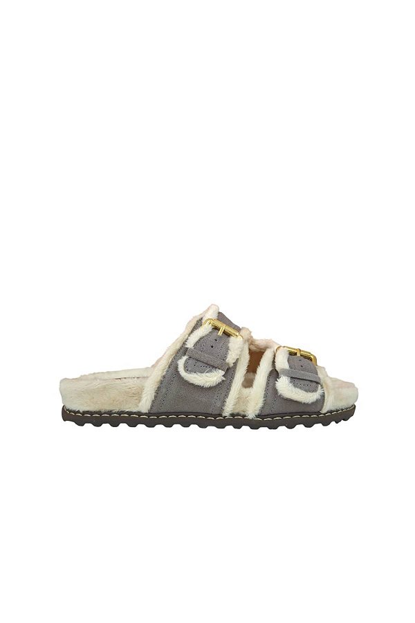 Papete Feminina Tiras Fivelas Pelos Camurça Luiza Barcelos Cinza