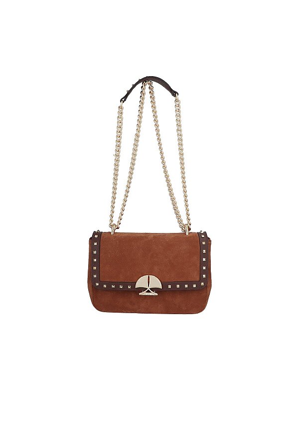 Bolsa Feminina Média Couro Camurça Logomania Alça Corrente Luiza Barcelos Camel