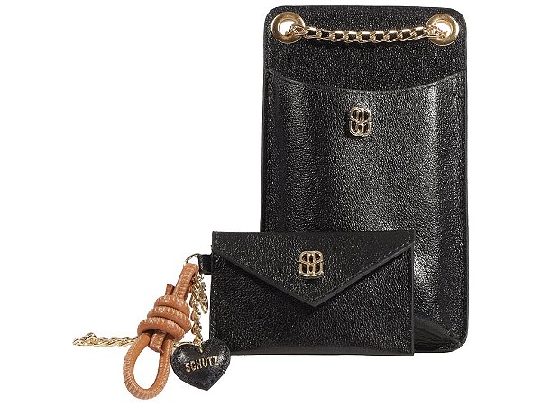 Porta Celular Corrente Couro Chaveiro Schutz Preto