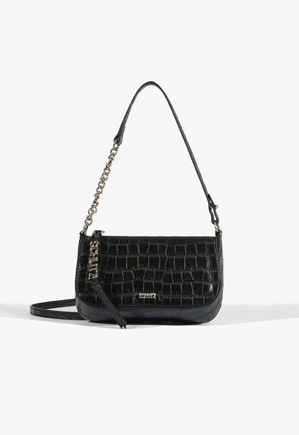 Bolsa Pequena Tiracolo Zíper Dourado Croco Schutz Preto