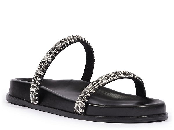 Papete Feminina Tiras Strass Logo Schutz Preto