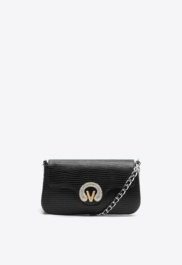 Bolsa Pequena Tiracolo Couro Croco Logomania Strass Vicenza Preto