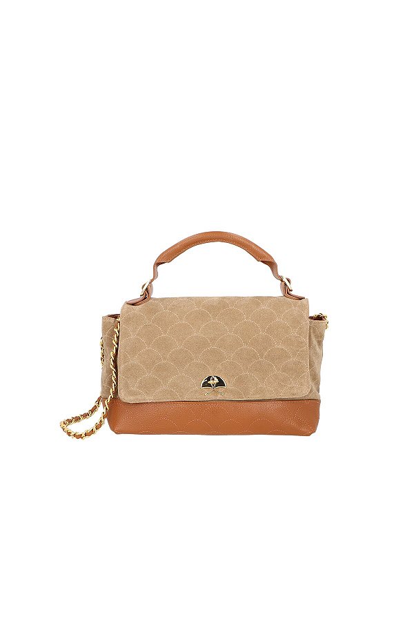 Bolsa Média Em Camurça Bege Fendi E Couro Caramelo Luiza Barcelos
