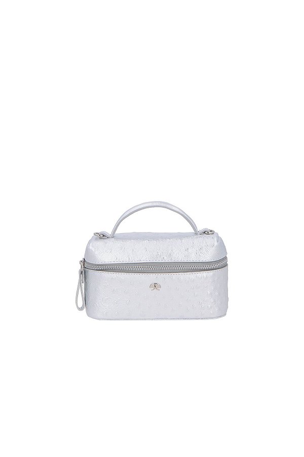 Bolsa Vanity Pequena Em Couro Metalizado Avestruz Prata Luiza Barcelos