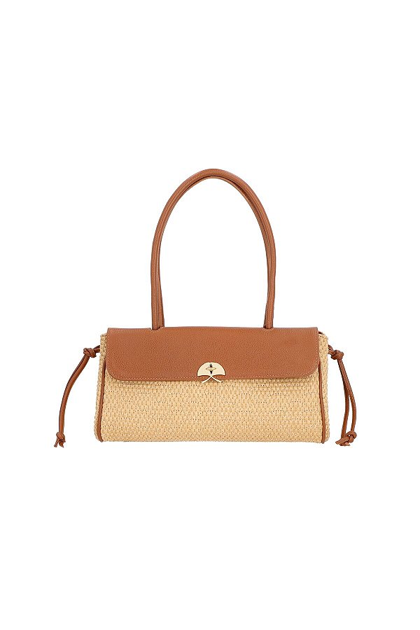 Bolsa Média Em Ráfia Nude E Couro Camel Luiza Barcelos