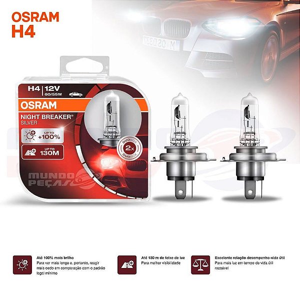 Lampada Osram Night Breaker Silver H4 Par 100% + Luz - Mundo peças auto,  acessórios para carro e peças de reposição automotiva