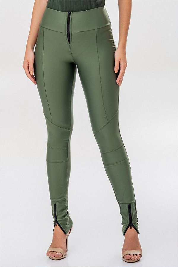 Calça Tecido Prada com Zíper Verde Militar - Nice Brand