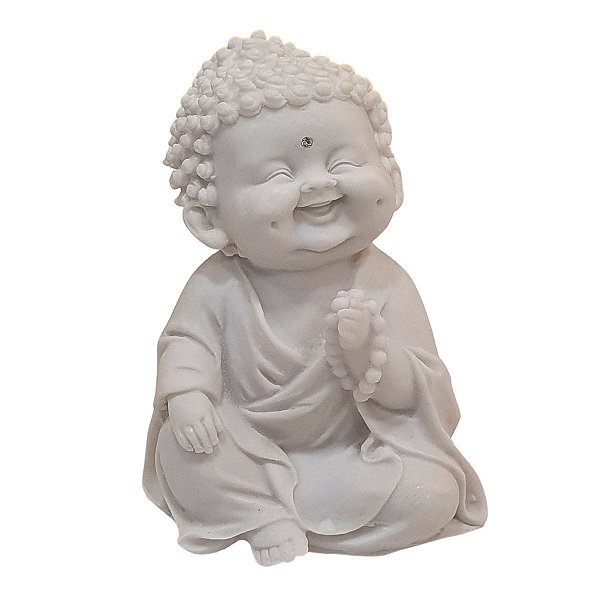 Escultura Monge Felicidade com Terço de Pó de Mármore Branco 15cm
