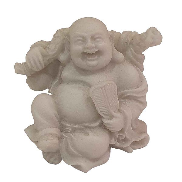 Mini Escultura de Buda Hotei Saco da Fortuna com Leque de Pó de Mármore Branca 6cm