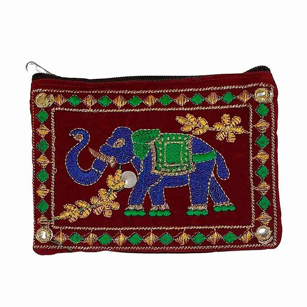 Bolsa de Mão de Veludo Bordado Elefante Vinho e Azul Caneta