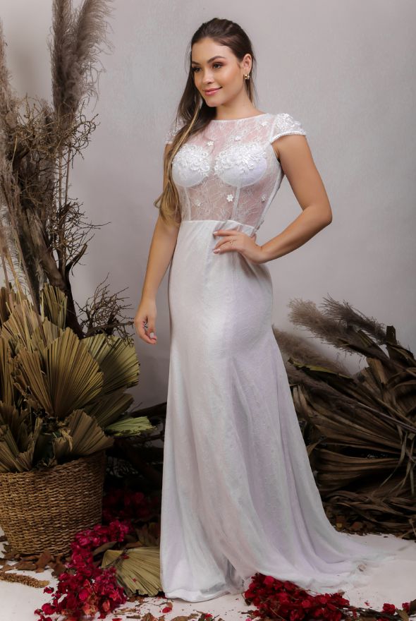 Vestido de Noiva 2 em 1 - Semi Sereia com saia removível, mangas curtas, flores 3D e transparência - THALIA