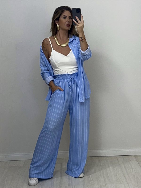 CONJUNTO LUCIANA CAMISA/CALÇA RISCA DE GIZ AZUL (AR25-2035)