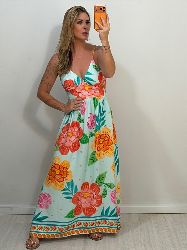 VESTIDO PIETRA LONGO FLORAL VERDE AGUA (AR26-141)