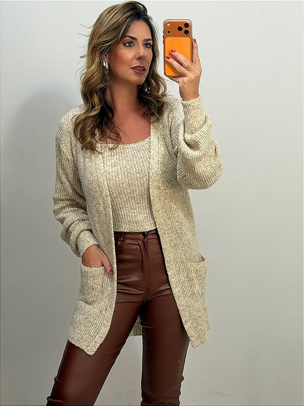 CONJUNTO REGATA E CARDIGAN TRICOT AREIA (AR26-777)