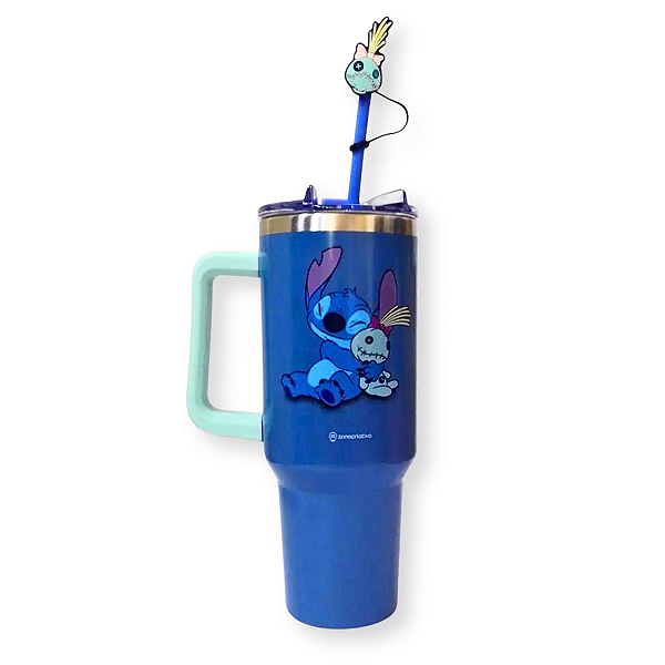 Garrafa Térmica c/ Canudo e Pingente Stitch Disney - 1,15L