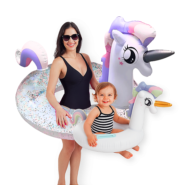 Kit Boias Infláveis Mãe e Filha Unicórnio Gigante + Infantil
