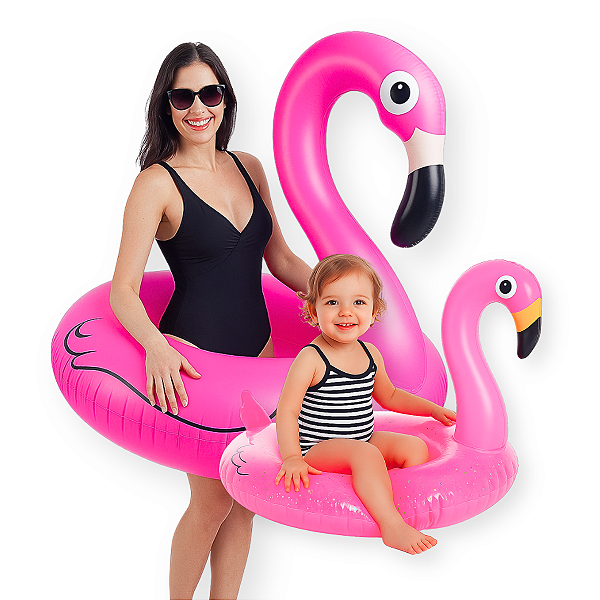 Kit Boias Infláveis Mãe e Filha Flamingo Gigante + Infantil