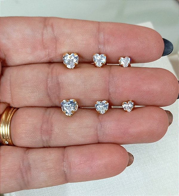 Trio Brinco Coracao Zircônia Cristal - Conjunto 3 Pares -  Banho Ouro 2 Milésimos Camada Com Verniz italiano