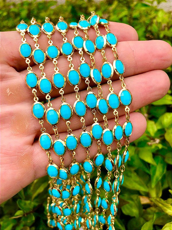 Corrente Oval Cristal Azul - Banho 02 Milésimos De Ouro 18K - 01 Mt