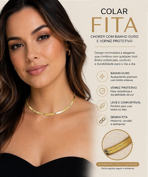 Colar fita 4mm espessura com 40cm e alongadora - choker - Banho 2 Milésimos Ouro e Verniz italiano - 1 unidade