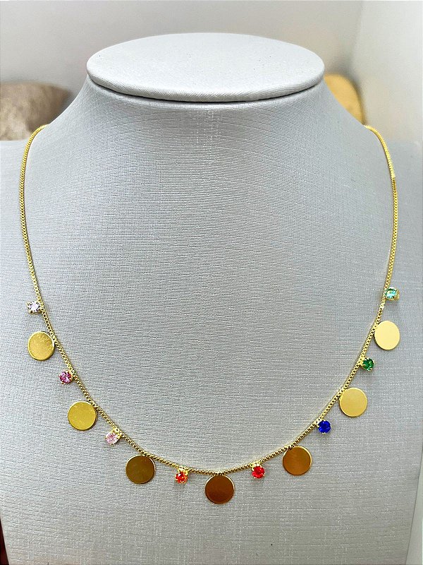 Colar Moeda + Zirconia 45Cm + Alongadora - Banho De 02 Milesimos De Ouro 18K