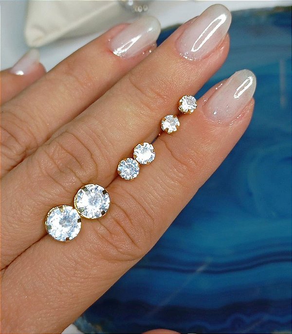 Trio Brinco Zircônia Cristal Redondo - P M G - 4Mm 6Mm E 8Mm - Banho Ouro 2 Milésimos Com Verniz Protetivo - 3 Pares