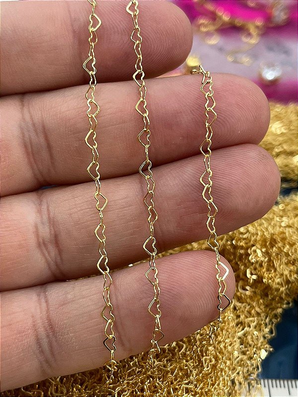 Corrente Coracao Alongadora Pequena - Extensora - Elo De 4Mm - Banho Ouro 2 Milésimos Com Verniz Protetivo - 1 Metro