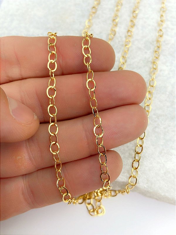 Corrente Cadeado Diamantada Arame 0,75Mm - Banho Ouro camada 2 Milésimos Com Verniz italiano - 1 metro