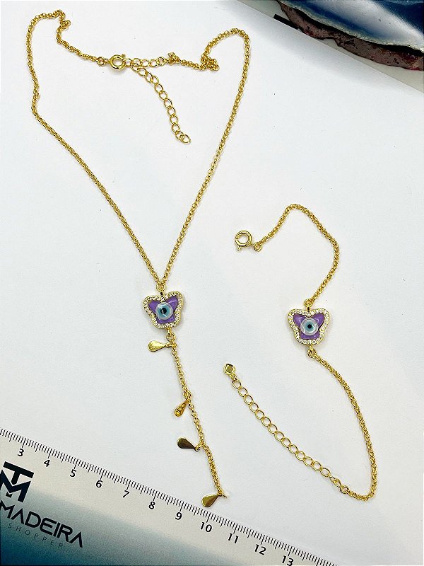 Conjunto Borboleta Olho Grego Roxo  - Banho De 02 Milesimos De Ouro 18K - 01 Unid