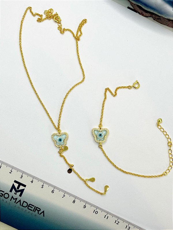 Conjunto Borboleta Olho Grego  - Banho De 02 Milesimos De Ouro 18K - 01 Unid