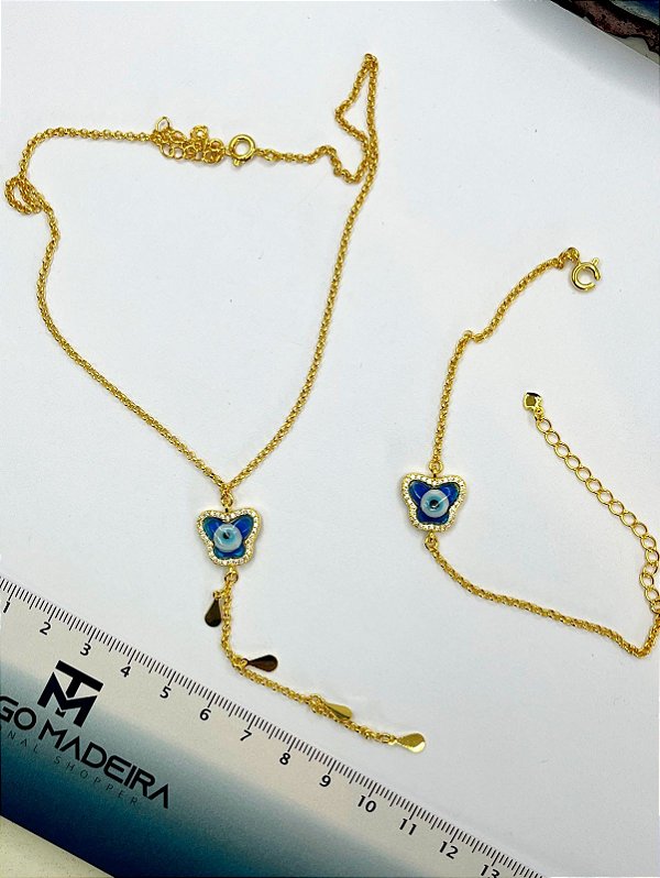 Conjunto Borboleta Olho Grego Azul - Banho De 02 Milesimos De Ouro 18K - 01 Unid