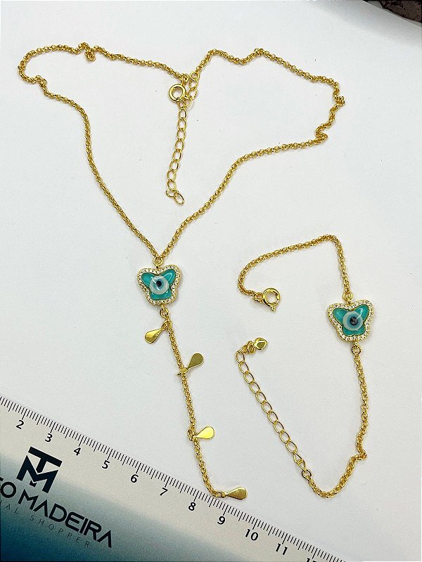 Conjunto Borboleta Olho Grego Azul - Banho De 02 Milesimos De Ouro 18K - 01 Unid