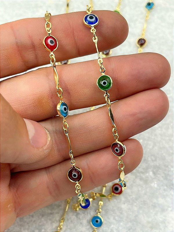 Corrente Olho Grego Colorido banho ouro 2 milesimos com verniz italiano - 1 Metro