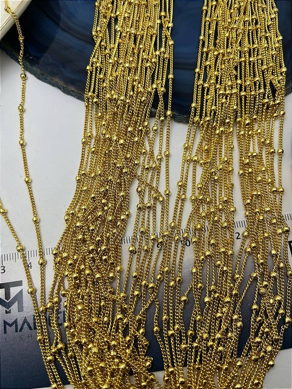 Corrente Grume com Bolinha Arame 0,50Mm - Banho Ouro 18K - Camada 2 Milésimos Com Verniz Protetivo