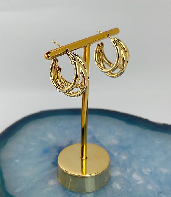 Brinco Argola Tripla  Medida 25Mm - Pequeno Banho Ouro 2 Milésimos Com Verniz - 1 Par