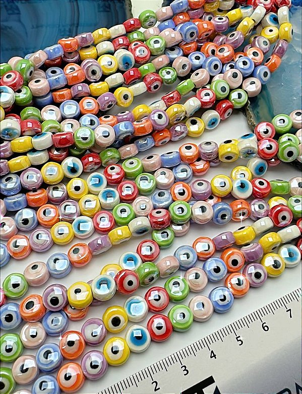 Fio Redondo Olho Grego Colorido 8X8Mm  Cerâmica - 1 Fio